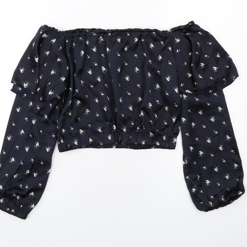 Missguided Womens Blue Floral Polyester Basic Blouse Size 10 Off the Shoulder