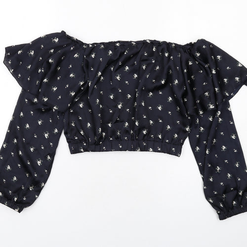 Missguided Womens Blue Floral Polyester Basic Blouse Size 10 Off the Shoulder