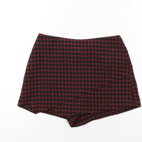 Topshop Womens Red Geometric Polyester Skort Size 6 Zip - Houndstooth pattern
