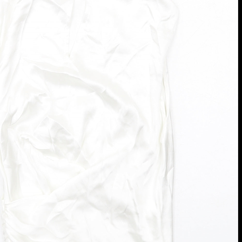 Zara Womens White Polyester Basic Blouse Size S Mock Neck - Ruched Detail
