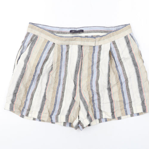 Marks and Spencer Womens Multicoloured Striped Linen Basic Shorts Size 16 Regular Zip
