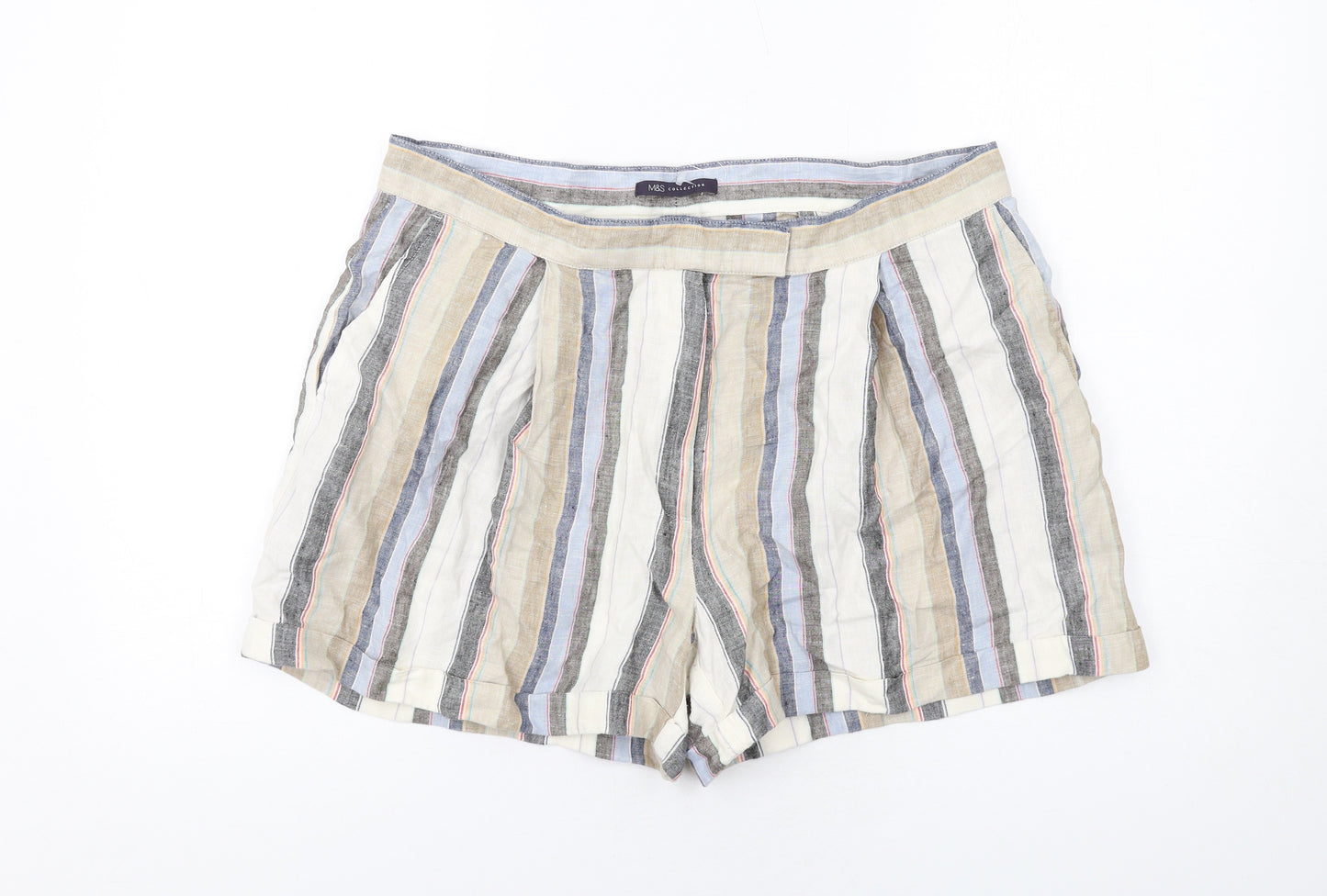 Marks and Spencer Womens Multicoloured Striped Linen Basic Shorts Size 16 Regular Zip