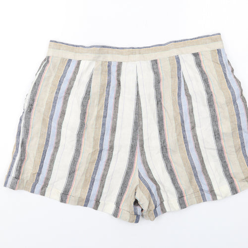Marks and Spencer Womens Multicoloured Striped Linen Basic Shorts Size 16 Regular Zip