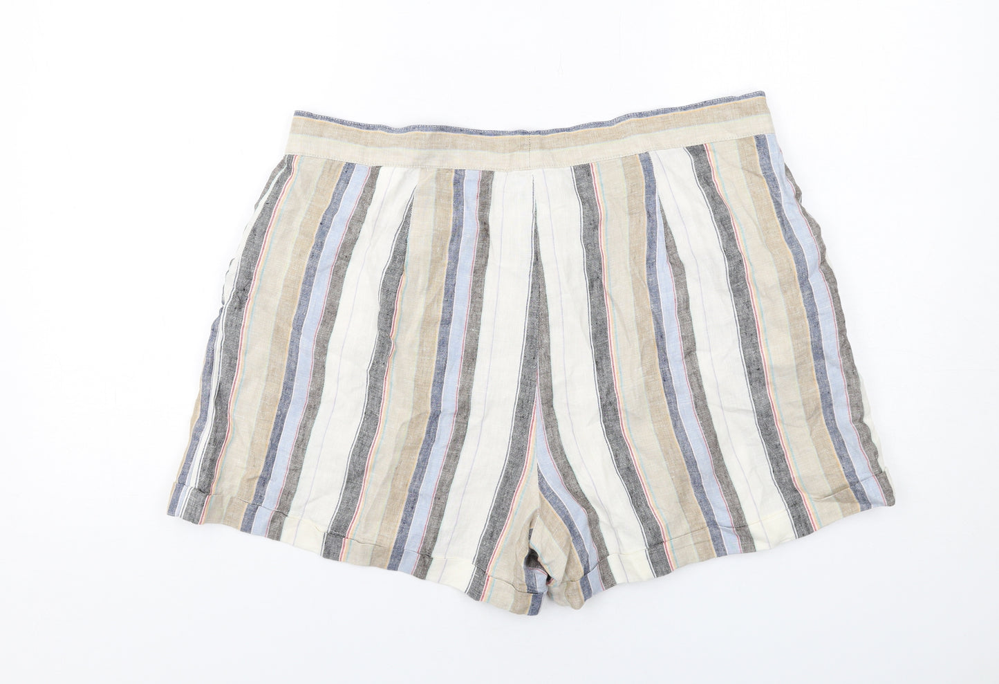 Marks and Spencer Womens Multicoloured Striped Linen Basic Shorts Size 16 Regular Zip