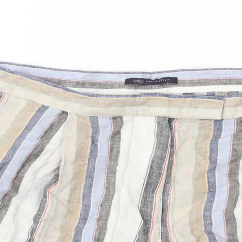 Marks and Spencer Womens Multicoloured Striped Linen Basic Shorts Size 16 Regular Zip