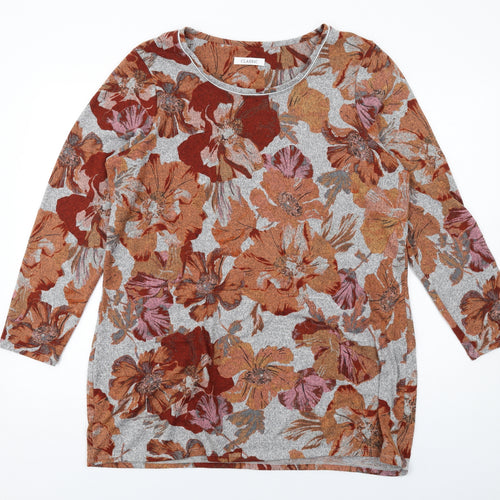 Classic Womens Grey Floral Polyester Basic T-Shirt Size 18 Round Neck