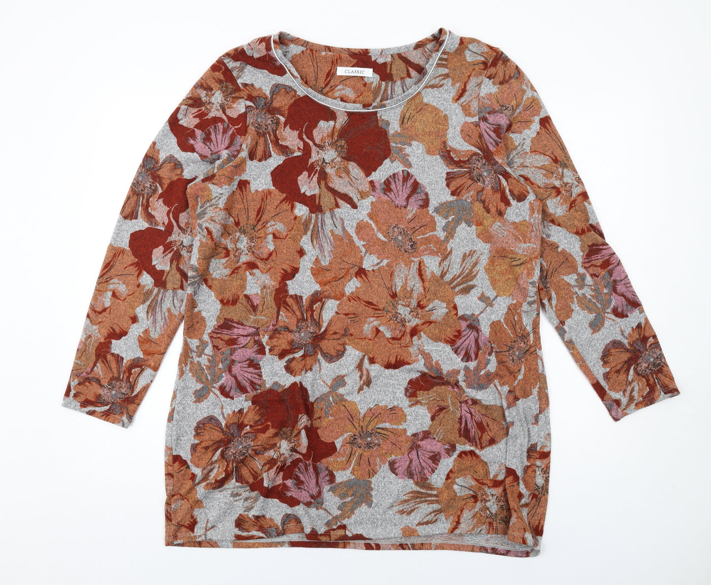 Classic Womens Grey Floral Polyester Basic T-Shirt Size 18 Round Neck