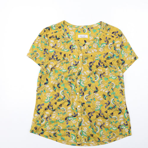 Per Una Womens Yellow Floral Cotton Basic Button-Up Size 16 Round Neck