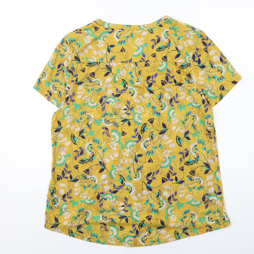 Per Una Womens Yellow Floral Cotton Basic Button-Up Size 16 Round Neck