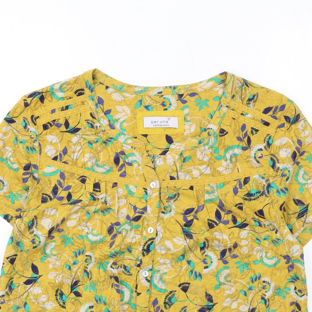 Per Una Womens Yellow Floral Cotton Basic Button-Up Size 16 Round Neck