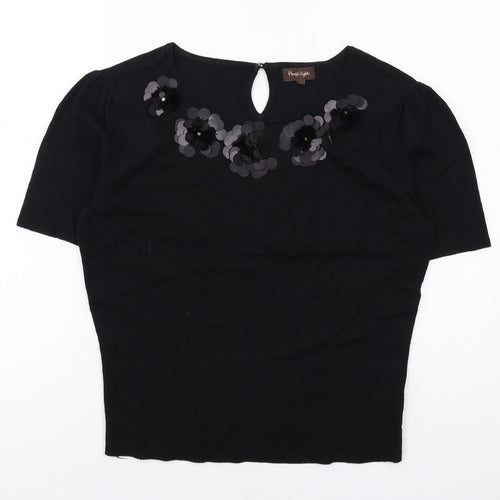 Phase Eight Womens Black Round Neck Viscose Pullover Jumper Size 10 - Flower detail