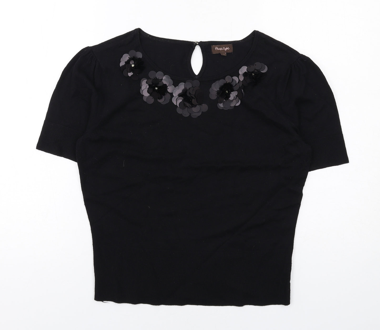 Phase Eight Womens Black Round Neck Viscose Pullover Jumper Size 10 - Flower detail