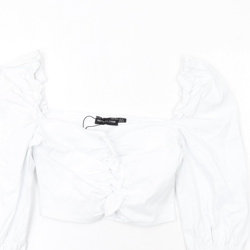PRETTYLITTLETHING Womens White Polyester Cropped Blouse Size 12 Square Neck