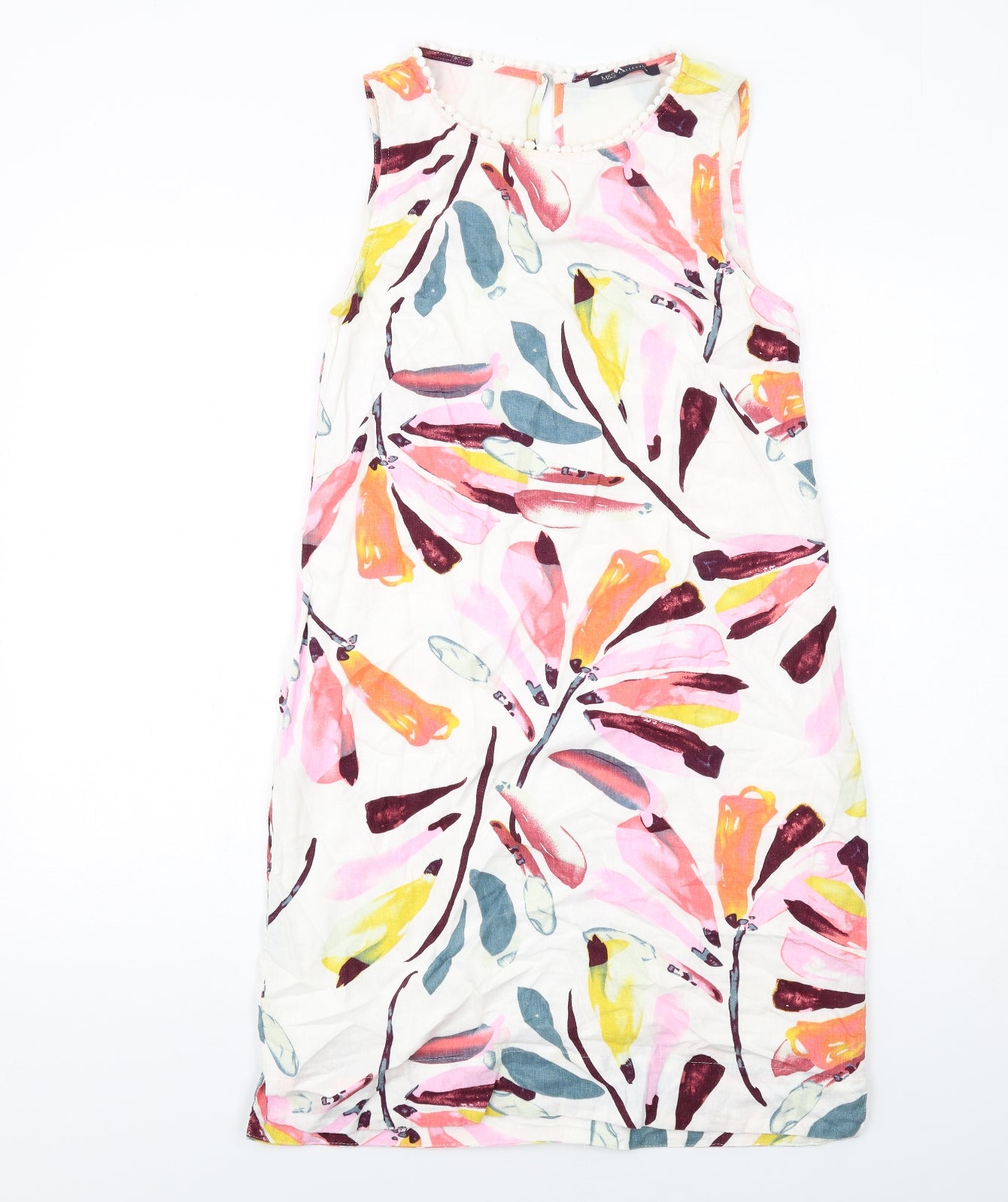 Marks and Spencer Womens Multicoloured Geometric Linen A-Line Size 8 Round Neck Button