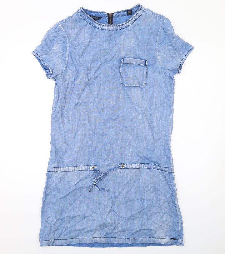 Scotch & Soda Womens Blue Lyocell Shift Size S Round Neck Zip