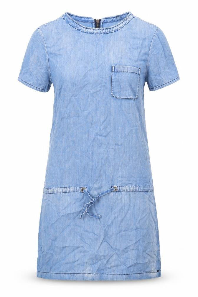 Front view of Scotch & Soda women’s blue lyocell shift, size S, round neck zip