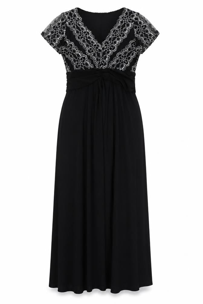 Front view of Together women’s black geometric polyester maxi, size UK 10, v-neck pullover