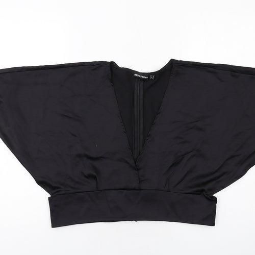 PRETTYLITTLETHING Womens Black Polyester Cropped Blouse Size 16 V-Neck - Batwing Sleeves