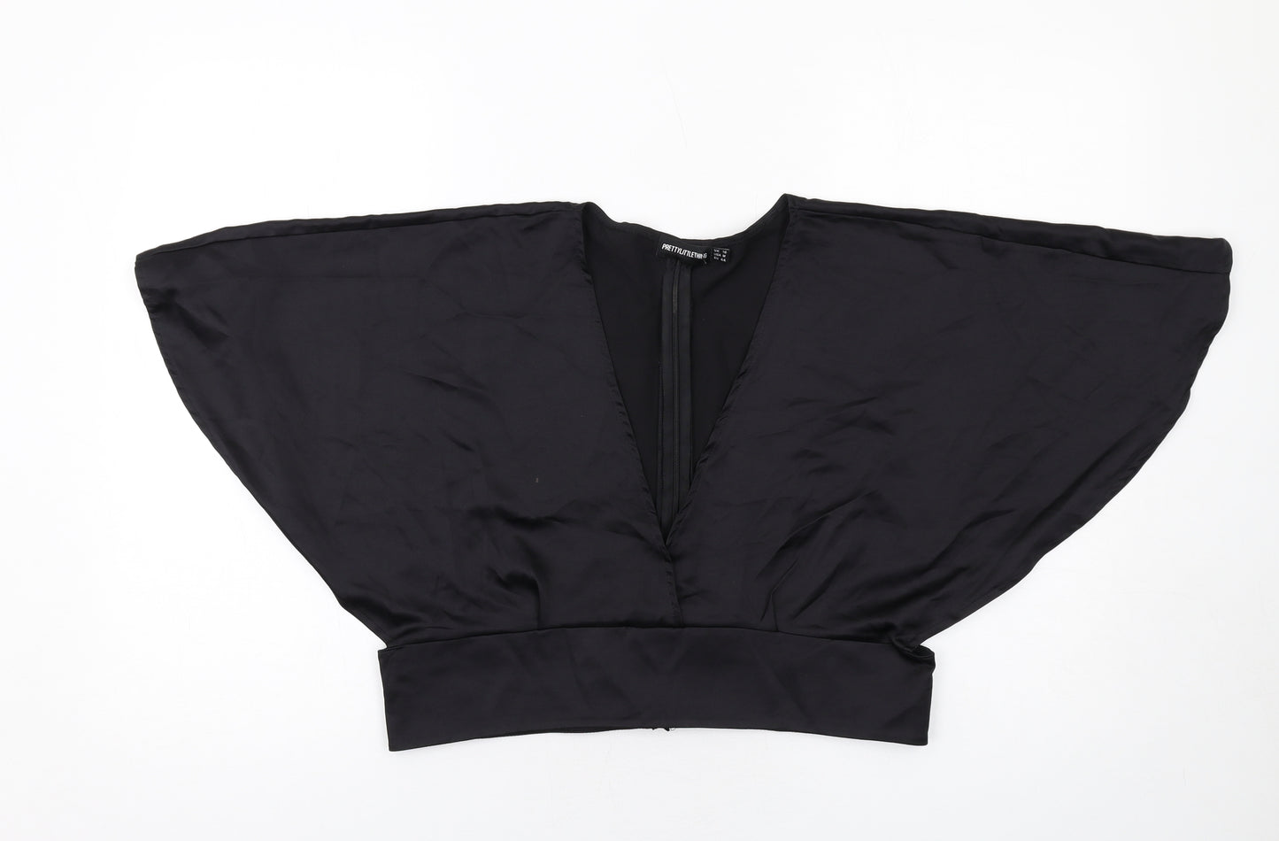 PRETTYLITTLETHING Womens Black Polyester Cropped Blouse Size 16 V-Neck - Batwing Sleeves