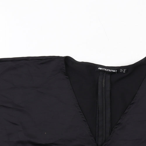 PRETTYLITTLETHING Womens Black Polyester Cropped Blouse Size 16 V-Neck - Batwing Sleeves