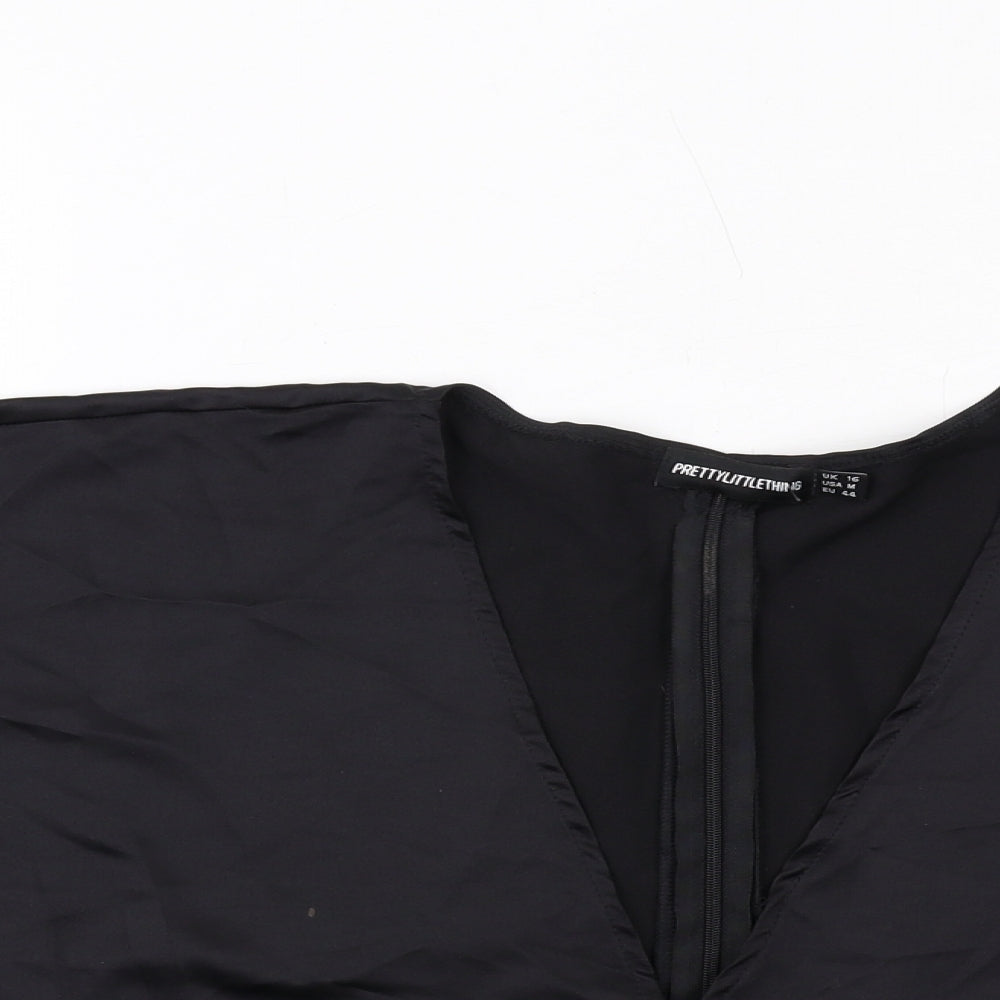 PRETTYLITTLETHING Womens Black Polyester Cropped Blouse Size 16 V-Neck - Batwing Sleeves
