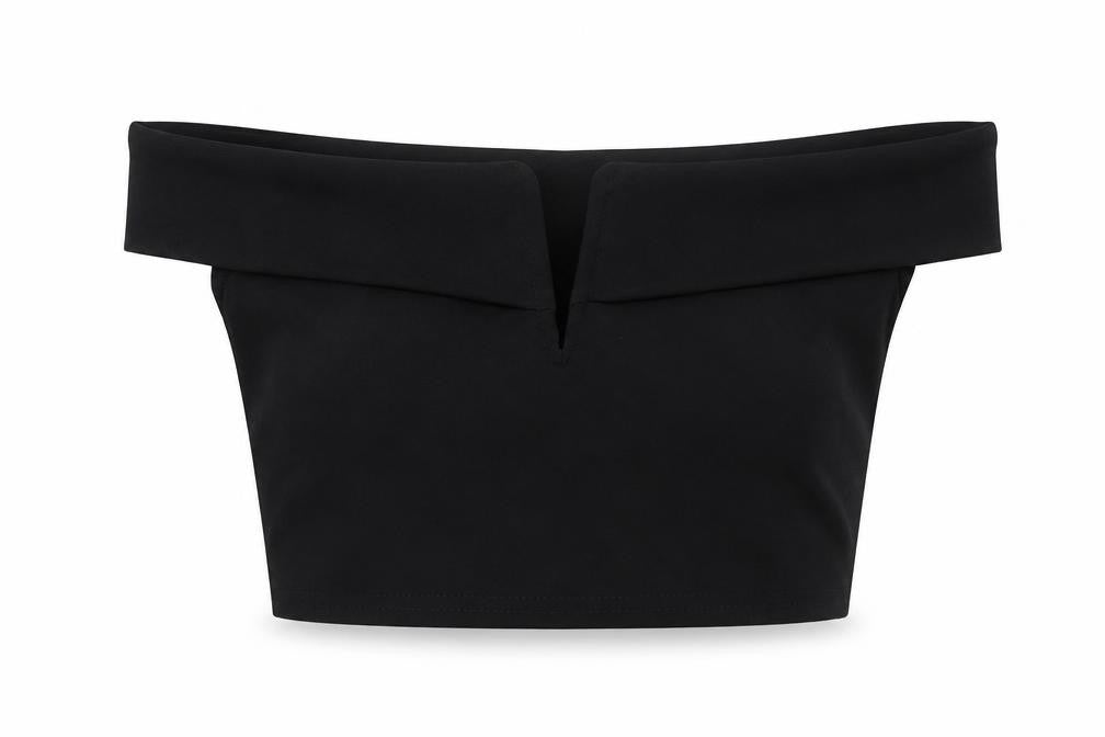 Front view of Missguided women’s black polyester cropped blouse, size UK 10, off the shoulder