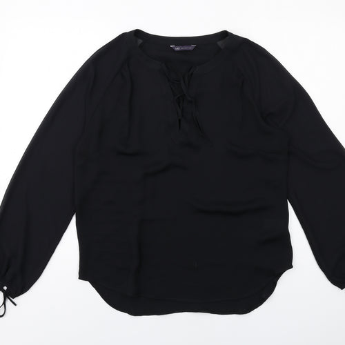 Marks and Spencer Womens Black Polyester Basic Blouse Size 10 V-Neck - Tie Sleeve Detail