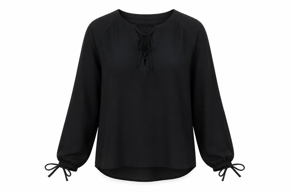 Front view of Marks & Spencer women’s black polyester basic blouse, size UK 10, v-neck - tie sleeve detail