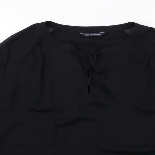 Marks and Spencer Womens Black Polyester Basic Blouse Size 10 V-Neck - Tie Sleeve Detail