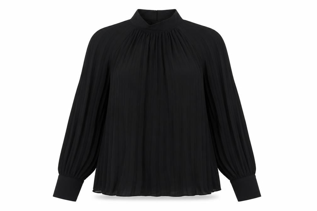 Front view of H&M women’s black polyester basic blouse, size XS, high neck