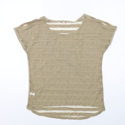 Bongo Womens Beige Striped Polyester Basic T-Shirt Size L Boat Neck - Owl