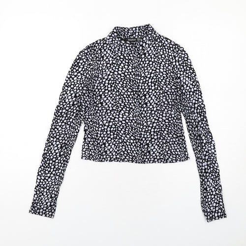 Boohoo Womens Black Animal Print Viscose Basic Blouse Size 10 Mock Neck