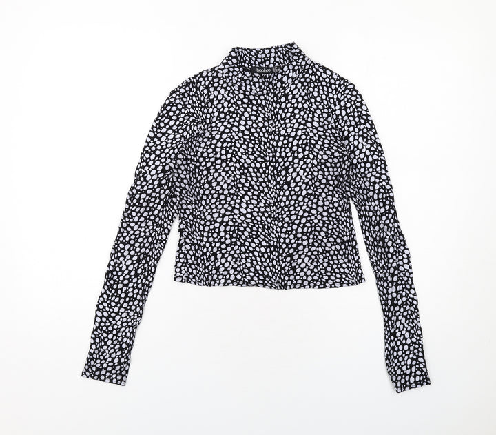 Boohoo Womens Black Animal Print Viscose Basic Blouse Size 10 Mock Neck