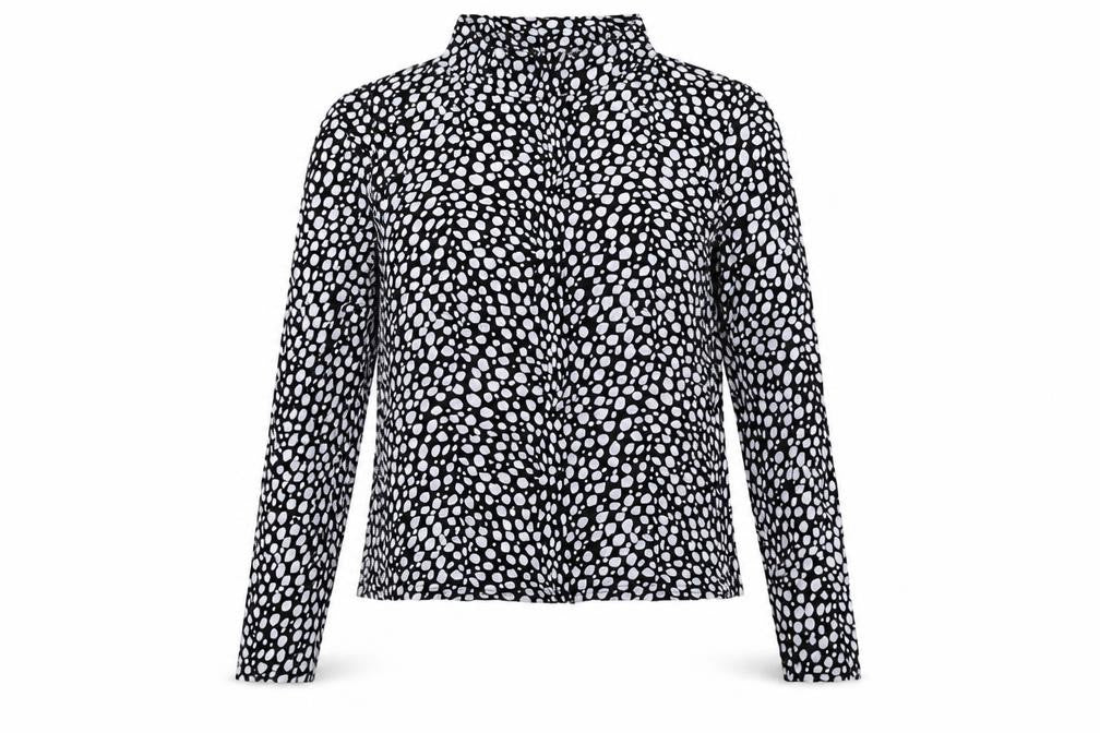 Front view of Boohoo women’s black animal print viscose basic blouse, size UK 10, mock neck