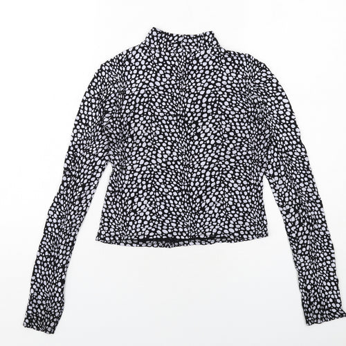 Boohoo Womens Black Animal Print Viscose Basic Blouse Size 10 Mock Neck
