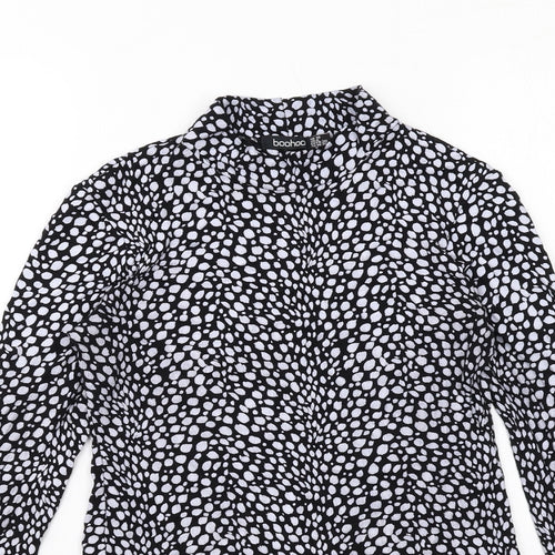 Boohoo Womens Black Animal Print Viscose Basic Blouse Size 10 Mock Neck