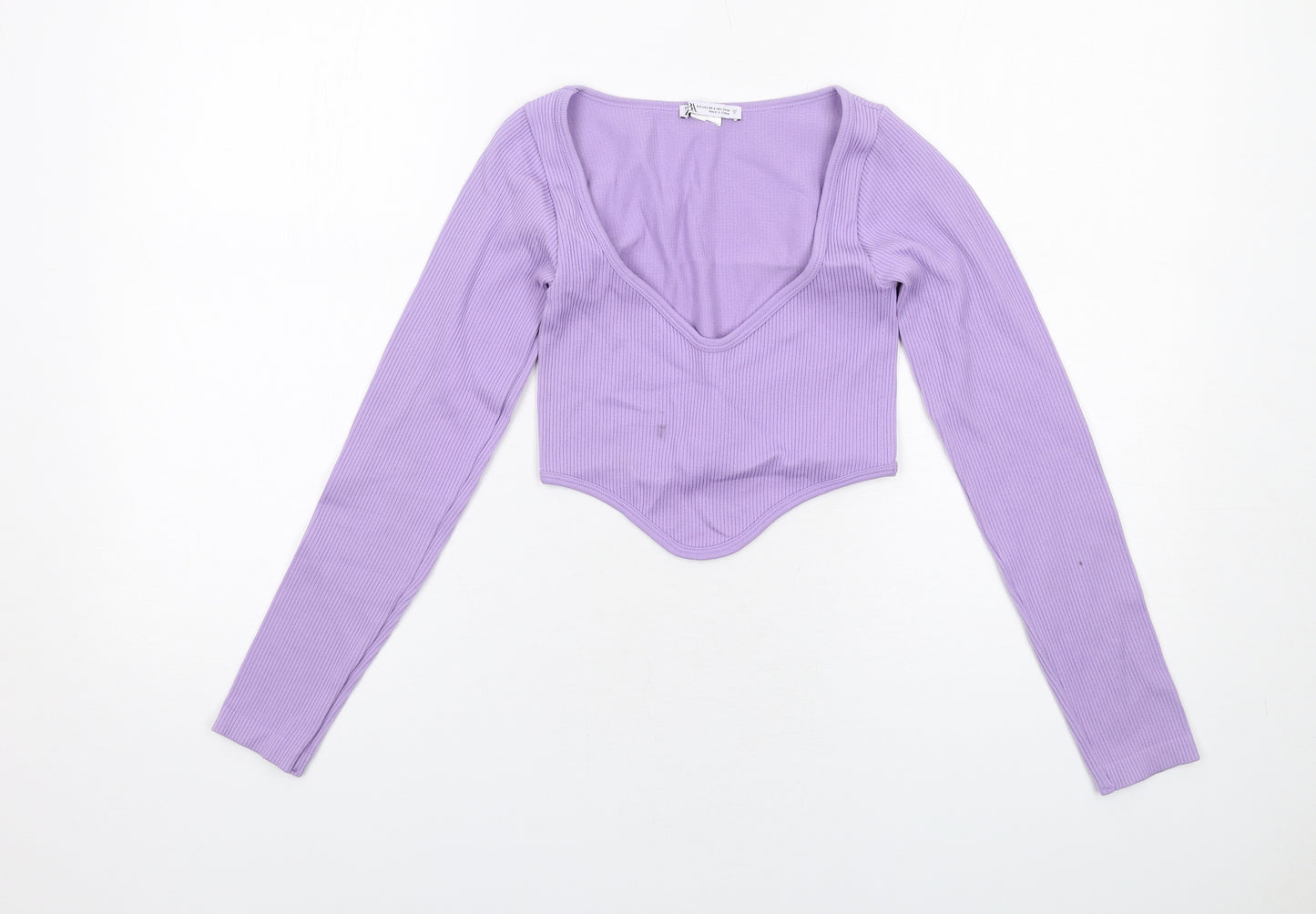 Zara Womens Purple Polyester Cropped T-Shirt Size XS Scoop Neck - Dipped Hem