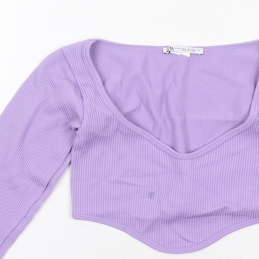Zara Womens Purple Polyester Cropped T-Shirt Size XS Scoop Neck - Dipped Hem