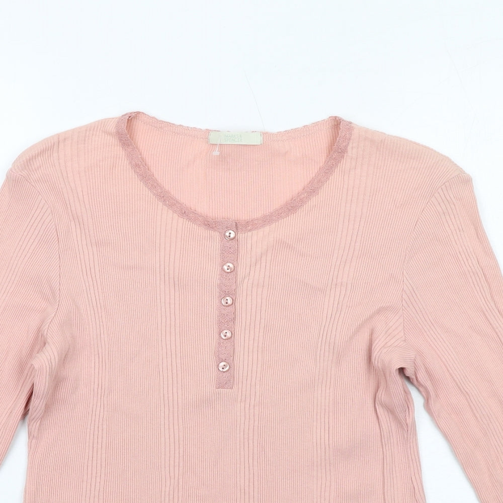 Marks and Spencer Womens Pink Cotton Basic T-Shirt Size 16 Henley - Ribbed