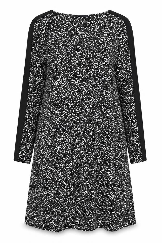 Front view of Marks & Spencer women’s black geometric polyester a-line, size UK 12, round neck pullover