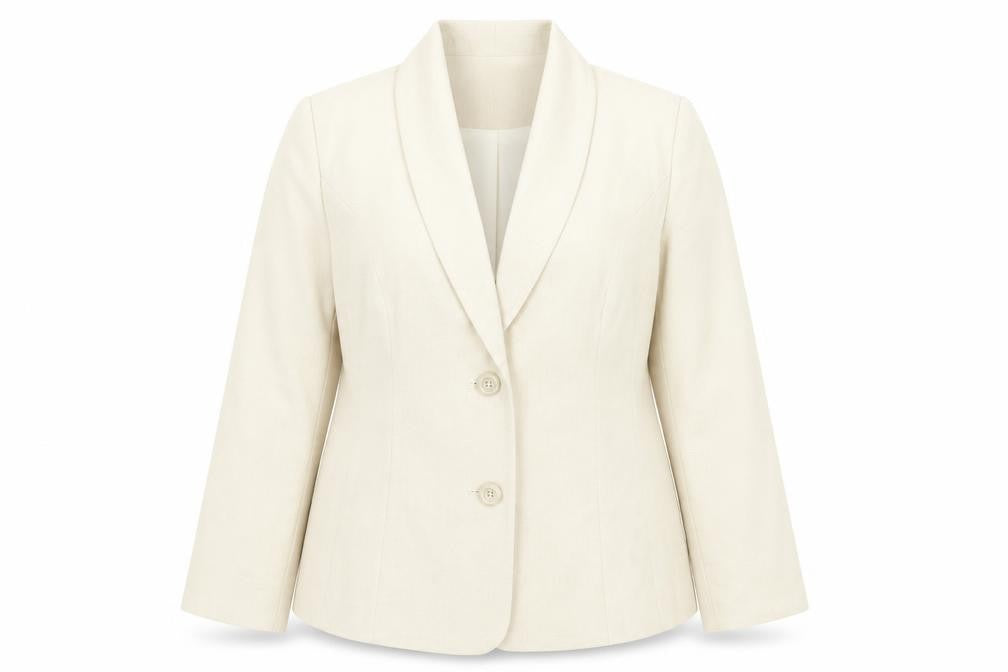 Front view of EWM women’s beige polyester jacket blazer, size UK 20