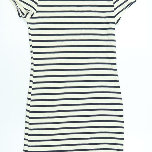 Monteau Womens Beige Striped Cotton T-Shirt Dress Size M Round Neck Pullover - Crochet Detail
