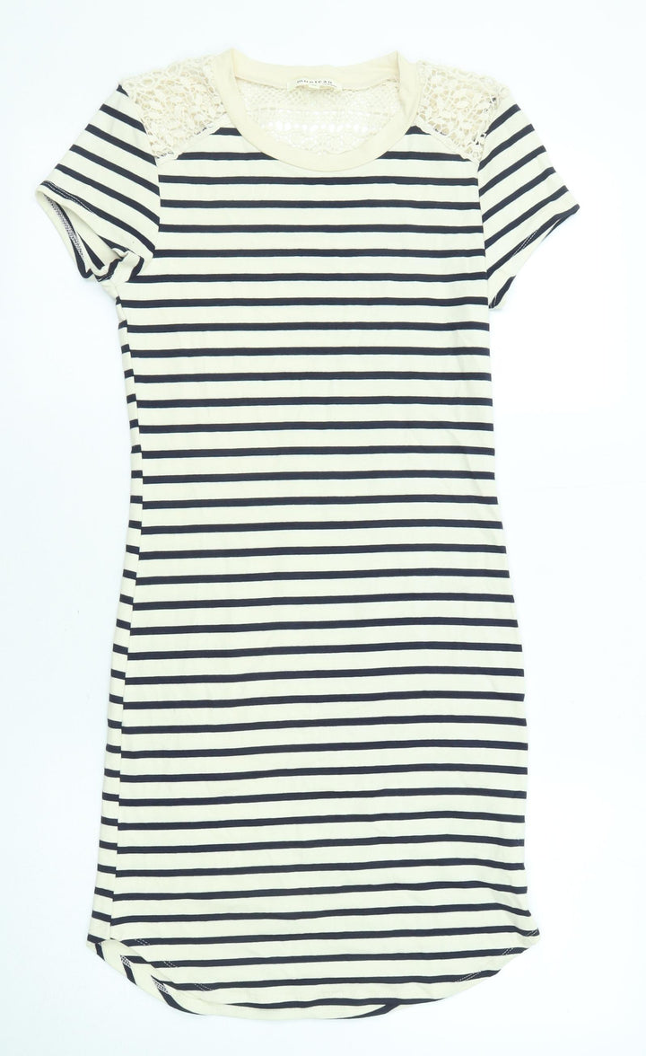 Monteau Womens Beige Striped Cotton T-Shirt Dress Size M Round Neck Pullover - Crochet Detail