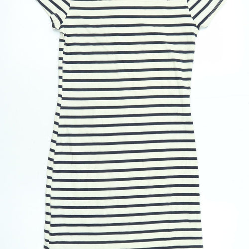 Monteau Womens Beige Striped Cotton T-Shirt Dress Size M Round Neck Pullover - Crochet Detail