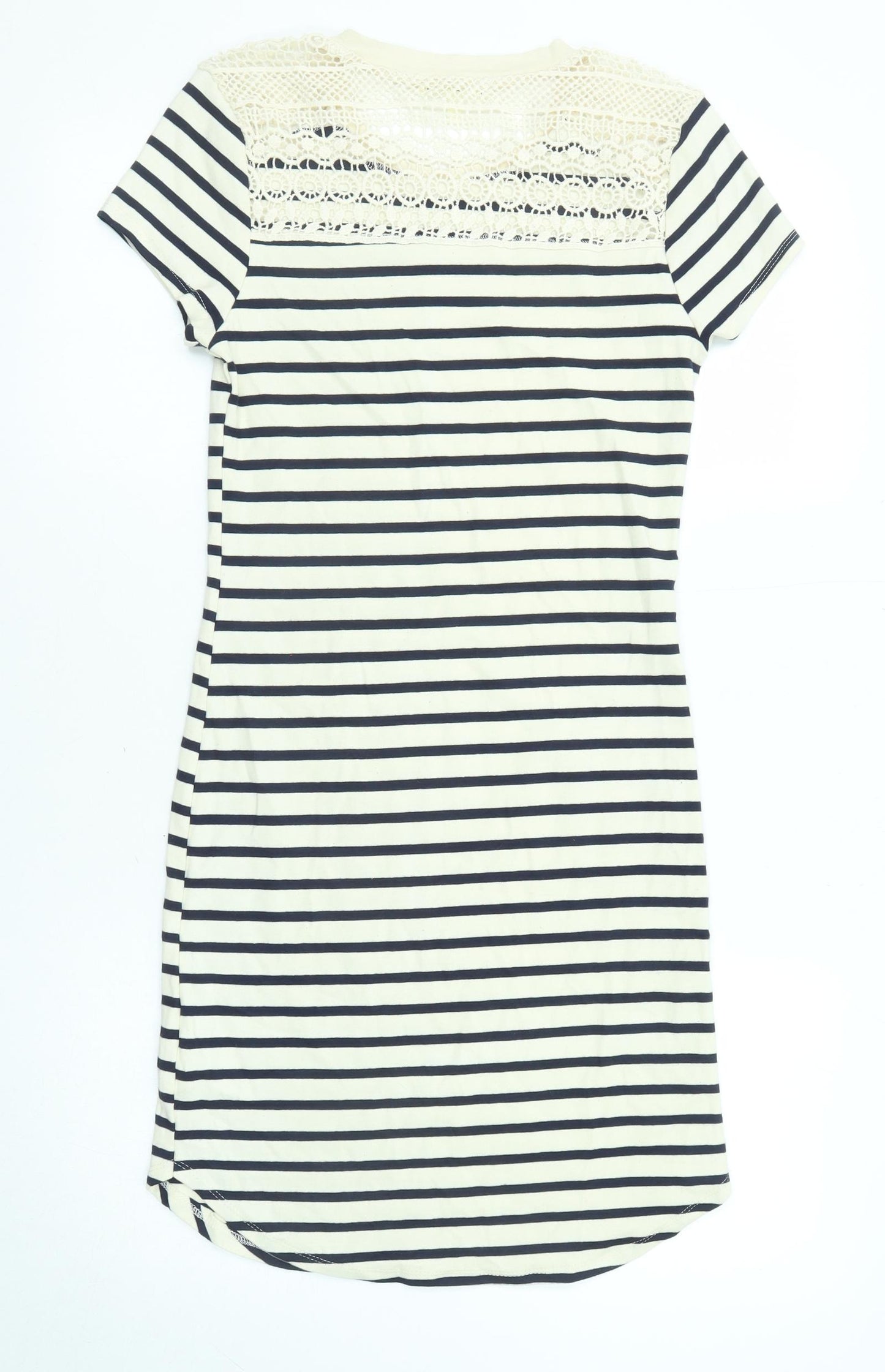 Monteau Womens Beige Striped Cotton T-Shirt Dress Size M Round Neck Pullover - Crochet Detail