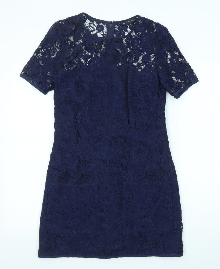 French Connection Womens Blue Polyamide A-Line Size 10 Round Neck Zip