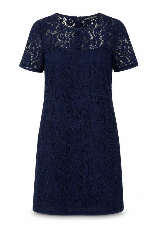 Front view of French Connection women’s blue polyamide a-line, size UK 10, round neck zip