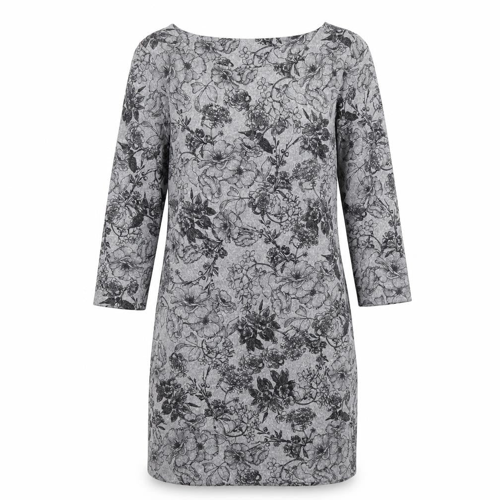 Front view of Marks & Spencer women’s grey floral polyester shift, size UK 10, round neck pullover