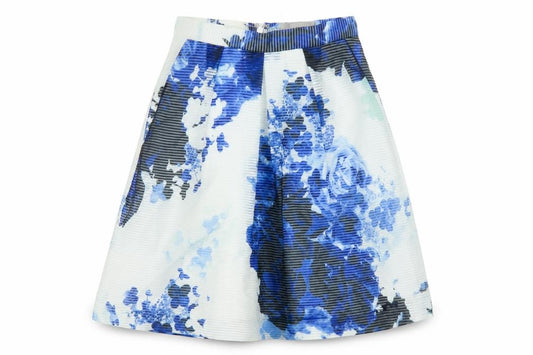 Front view of Coast women’s blue floral polyester swing skirt, size UK 6, zip
