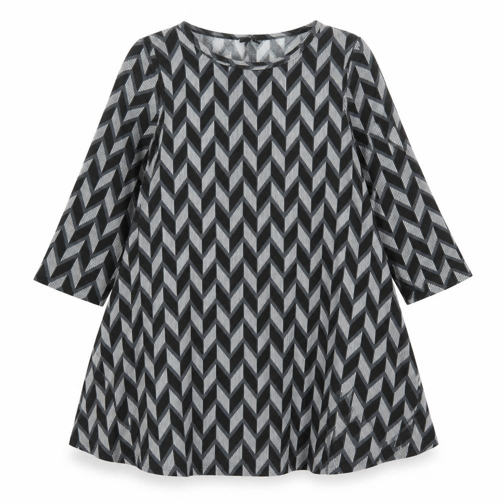 Front view of Izabel London women’s black geometric polyester trapeze & swing, size UK 8, round neck pullover